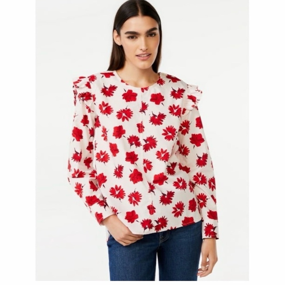Free Assembly  Red Floral Ruffle Shoulder Blouse - White/Red size medium